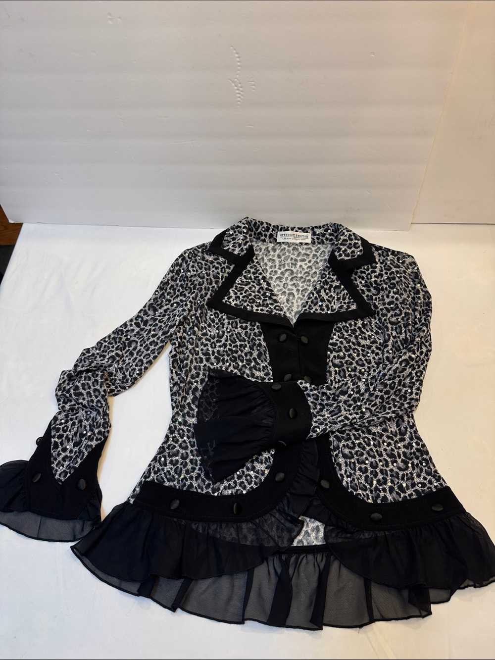Leopard Print Ruffle Hem Women's Jacket - Black & White light weight sparkly